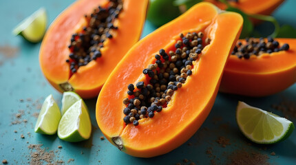 Fresh sliced papaya with limes arranged on teal textured background