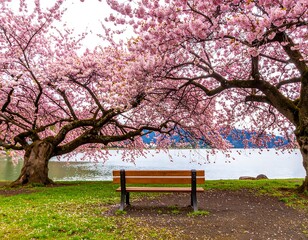 Pink cherry blossoms over a park bench by a lake