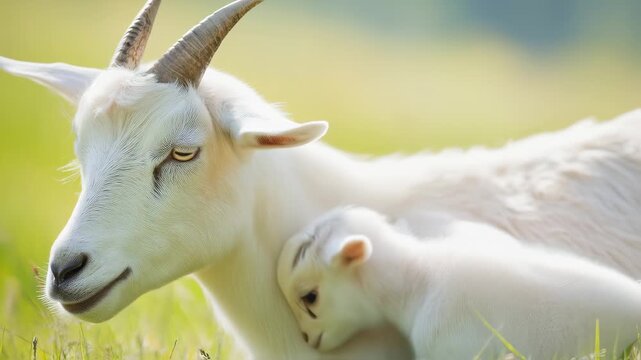 Adorable goat and kid bonding in a sunny meadow with gentle affection