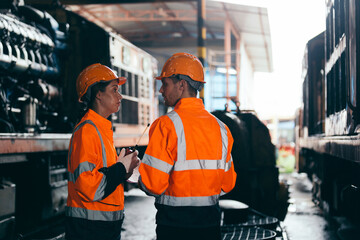 Two engineers wearing safety gear and helmets inspect machinery under train in railroad maintenance facility, showcasing teamwork, mechanical engineering and railway system inspection.