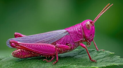 Vibrant Pink Grasshopper Resting on Green Leaf with Nature Background