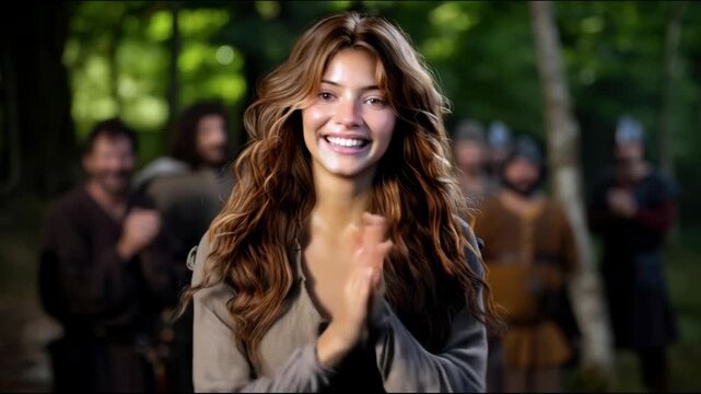 A young woman with long hair smiles and claps in the foreground while a group of people in medieval costumes watches behind her