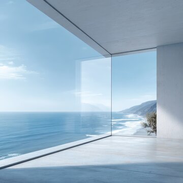 Fototapeta Modern Minimalist Room with Panoramic Ocean View Stunning Coastal Landscape Seen Through Floor to Ceiling Windows