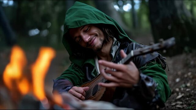 A man in a green hood sits by the campfire in the forest playing a lute with a satisfied smile on his face