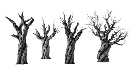 Fototapeta premium Four ancient, stunted, charcoal-grey, gnarled trees with sparse branches, detailed textures, sharp focus against a high-key, transparent background, concept of timeless resilience
