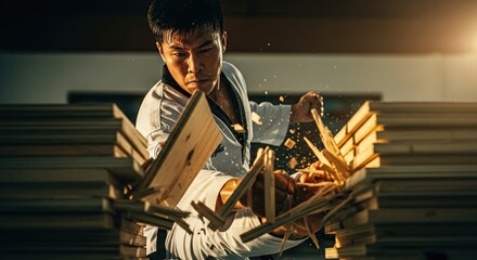 Dynamic Shot of a Determined Martial Artist Breaking Wooden Boards with a Powerful Punch During an Intense Taekwondo