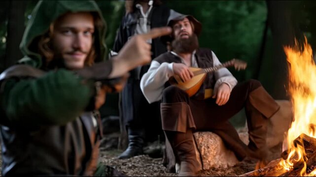 A man in a green hood points towards the camera while another bearded man sits by the fire holding a lute and looking upward, with a third figure standing in the forest background