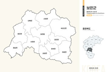 Fototapeta premium 충청북도 보은군 행정동 윤곽선 지도