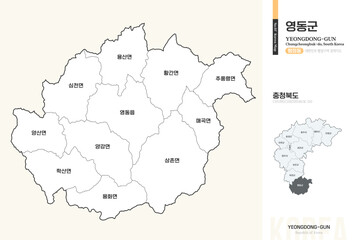 Fototapeta premium 충청북도 영동군 행정동 윤곽선 지도