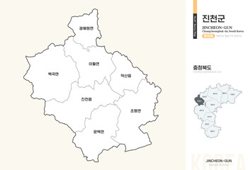 Obraz premium 충청북도 진천군 행정동 윤곽선 지도