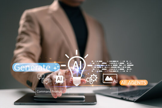 Businessman generates innovative content using artificial intelligence interface. Digital technology empowers creativity. Person interacts future AI agents, commanding prompts. Business solutions,