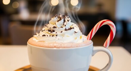 Steaming Hot Chocolate with Whipped Cream and Candy Cane
