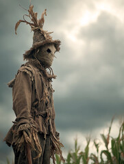Fototapeta premium Dramatic Scarecrow Silhouette Against Stormy Sky, Halloween Autumn Decoration