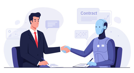 A businessman and a robot shaking hands, symbolizing a partnership and agreement in a modern business setting with digital interfaces.