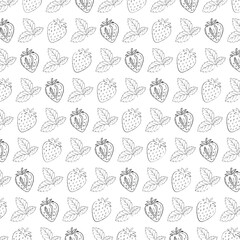Seamless pattern of strawberries with leaves in hand drawn line art style, black outline illustration on white background, simple fruit design for textile, packaging, and wallpaper.