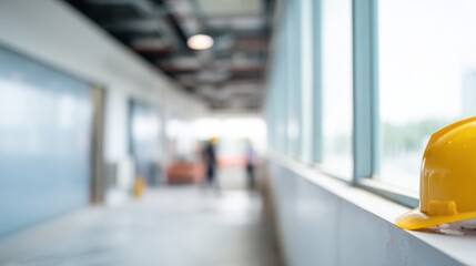 Yellow hard hat rests ledge construction site, symbolizing safety and diligence. blurred background shows workers engaged construction activities, emphasizing importance of safety measures