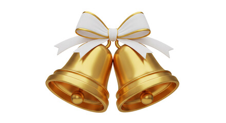 Two Golden Bells with White Bow: Festive, Elegant 3D Render, Celebration, Holiday, Announcement, Wedding, Christmas, New Year.