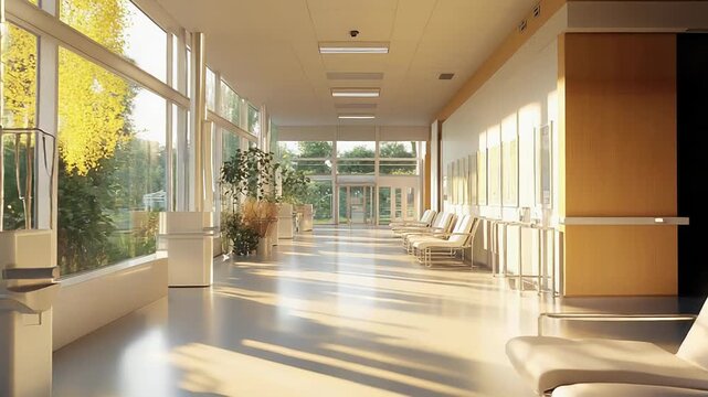 Waiting room with chairs and plants illuminated by sunlight