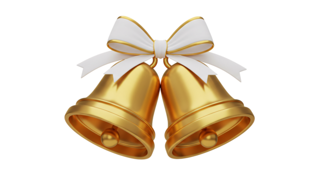 Two Golden Bells with White Bow: Festive, Elegant 3D Render, Celebration, Holiday, Announcement, Wedding, Christmas, New Year.