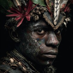 Tribal Warrior with Ornate Headdress and Face Paint