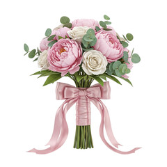 Elegant Pink and White Peony Rose Bridal Bouquet with Satin Ribbon, Romantic Wedding Flowers, 3D Render.