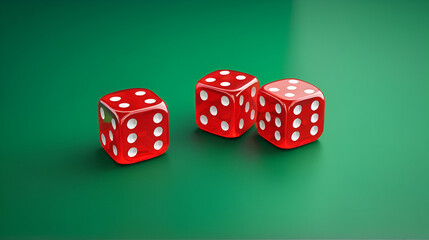 Two red dice are on a green table for casion craps game. The dice are placed in a way that they are facing up one and one. 3d render