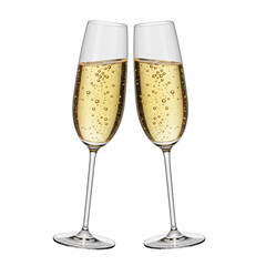 Two Champagne Flutes, Sparkling Wine, Festive Celebration, Elegant Toast, Studio Shot, Transparent Background, Luxury Drink, Bubbly, Crisp, Clean Image.