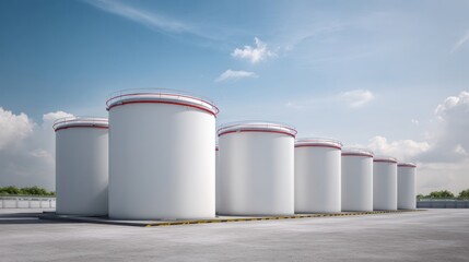 Fototapeta premium Large hydrogen storage tanks aligned in clean row under clear blue sky, showcasing modern industrial design and efficiency. scene conveys sense of order and innovation