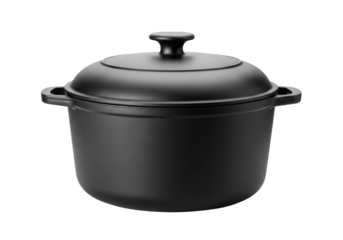 Well-loved, deep charcoal grey cast iron Dutch oven with a domed lid and sturdy handles, isolated on a transparent background with copy space. Concept of timeless heirloom cookware