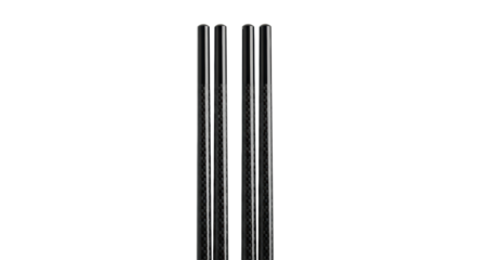 Two identical, sleek, deep black, highly polished carbon fiber chopsticks with intricate weave, parallel on a transparent background, diffused studio lighting, concept of modern culinary aesthetics