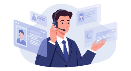 A customer service representative wearing a headset, interacting with virtual information screens.