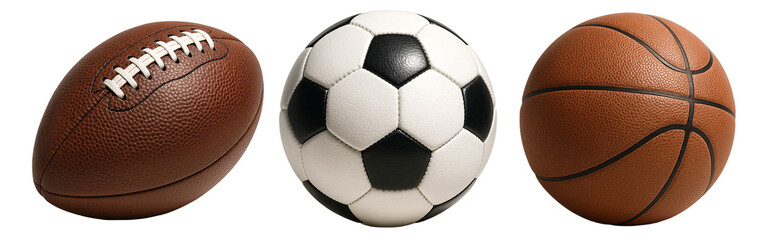 Fototapeta premium Sports balls: rugby, soccer, and basketball on a transparent background. Sport. Games. Activity.