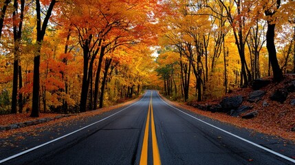 Obraz premium Scenic Autumn Drive through Vibrant Trees with Colorful Leaves and Clear Blue Sky