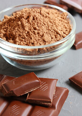 Pieces of chocolate on the table close-up. Vertical photo format