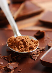 Pieces of chocolate on the table close-up. Vertical photo format 