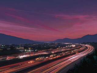 Long-exposure nightscape where car light trails curve along a highway beneath a purple dusk sky.

