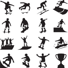 Obraz premium Silhouette collection of skateboarders performing tricks and a trophy skateboarding extreme sport