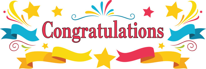 Celebratory congratulations design with stars and ribbons. Achievement, success, greeting, celebration, party, event, award, victory, festive, colorful.