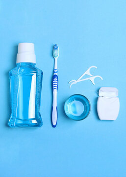 Flat composition for oral care and place for text on a light background.. Vertical photo format