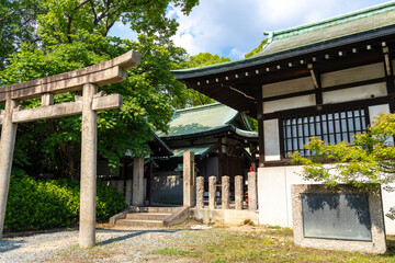 Entrance and buildings of Hokoku Shrine in Osaka, Japan