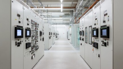 Efficient utility corridor featuring renewable monitoring equipment, showcasing advanced technology and high fidelity design. space is organized and well lit, promoting productive environment