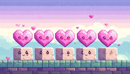 Pixelated hearts on platforms