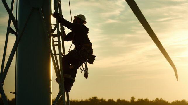 Silhouette of technician climbing wind turbine tower during sunset, showcasing determination and skill in renewable energy