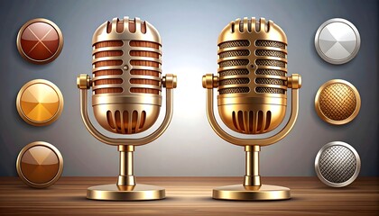 Two vintage microphones on a wooden table with decorative accents