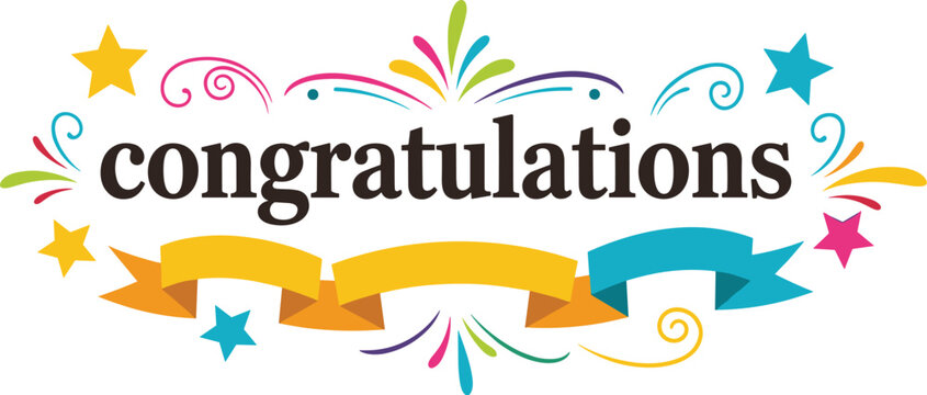 Congratulatory illustration with colorful confetti. Celebration design, cheerful graphic, typography, event, greeting, colorful banner, festive, wishes.