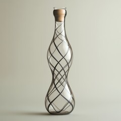 Obraz premium Elegant decorative glass bottle with swirling patterns, clear, black, and natural cork colors, representing sophistication and design.