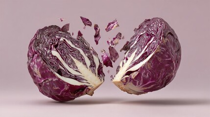 Obraz premium Vibrant Red Cabbage Split in Mid-Air Against Soft Pink Background with Fragmentation Effect