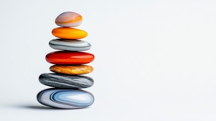 Vibrant stacked agate stones on white background. Nature inspiration, wellness symbol, meditation. Zen, relaxation theme, holistic health, mindfulness, mental health, life balance.