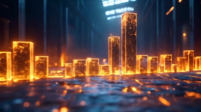 Glowing Bar Graph Animation: Financial Data Visualization in Futuristic Setting
