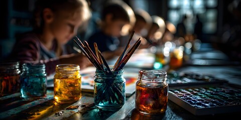Children Painting with Watercolors at Sunlit Art Table perfect for arts education campaigns, creativity development programs, afterschool brochures and childhood enrichment visuals